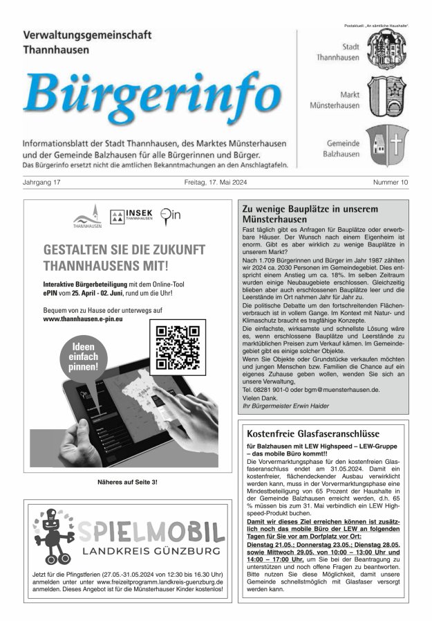 Titelblatt Bürgerinfo Verwaltungsgemeinschaft Thannhausen Ausgabe: 10/2024