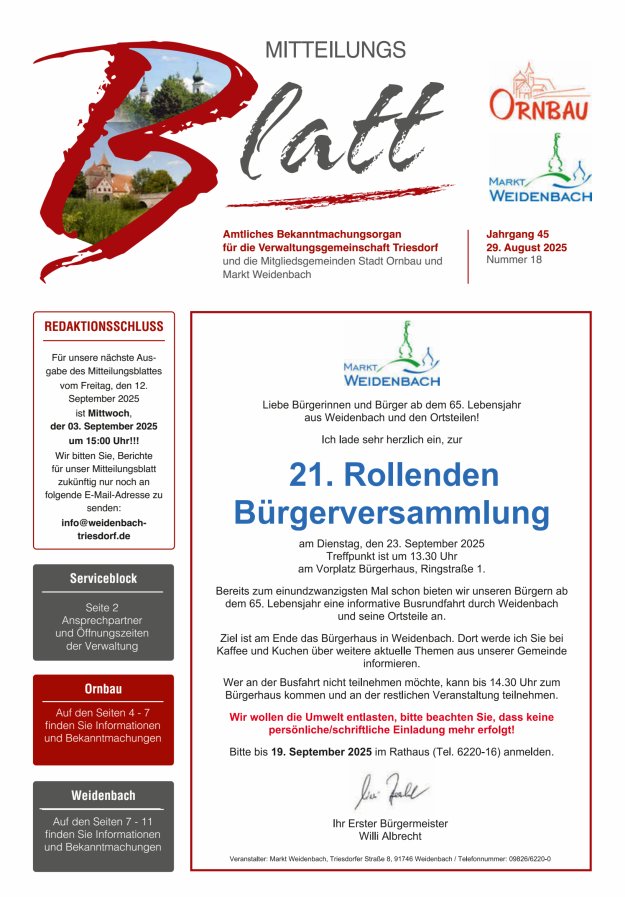 Titelblatt Mitteilungsblatt für die Verwaltungsgemeinschaft Triesdorf Ausgabe: 11/2024