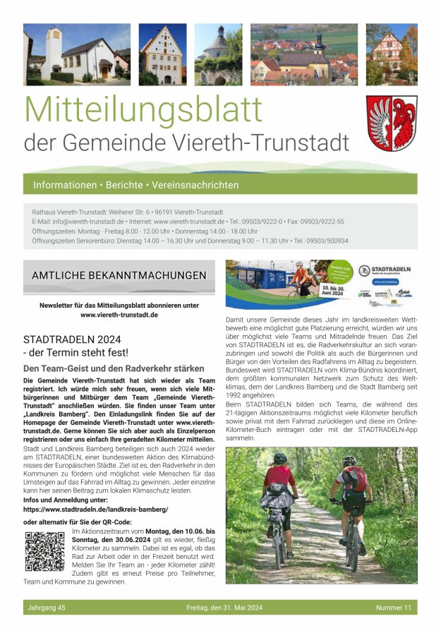 Titelblatt Mitteilungsblatt der Gemeinde Viereth-Trunstadt Ausgabe: 10/2024