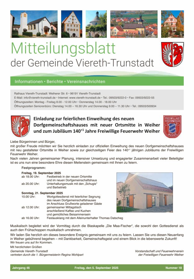 Titelblatt Mitteilungsblatt der Gemeinde Viereth-Trunstadt Ausgabe: 10/2024