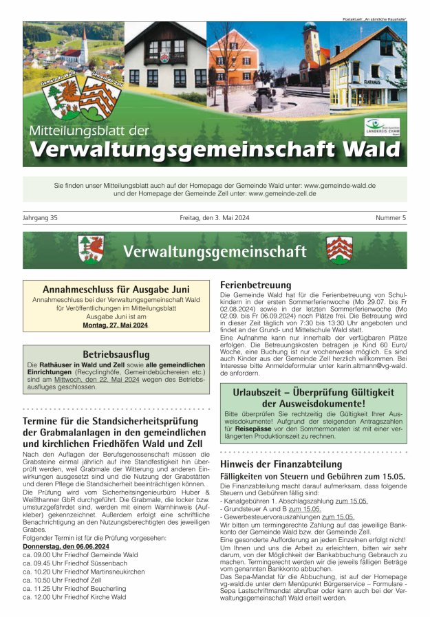 Titelblatt Mitteilungsblatt der VG Wald Ausgabe: 05/2024