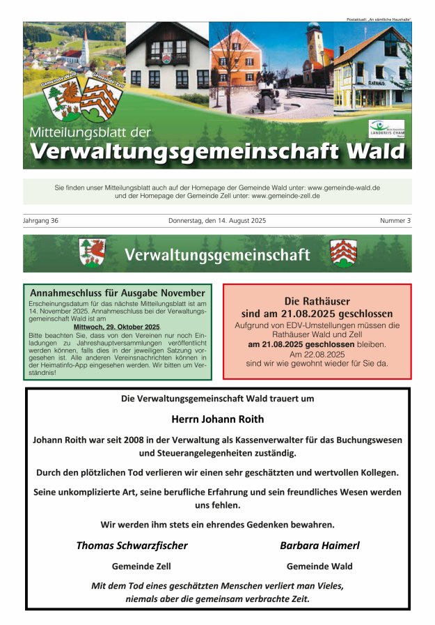 Titelblatt Mitteilungsblatt der VG Wald Ausgabe: 05/2024