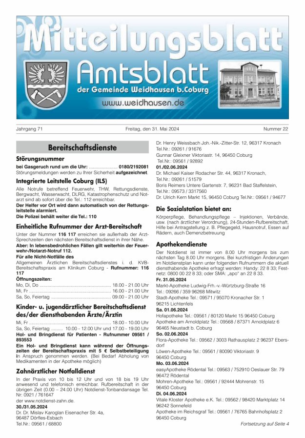 Titelblatt Mitteilungsblatt - Amtsblatt der Gemeinde Weidhausen b. Coburg Ausgabe: 21/2024