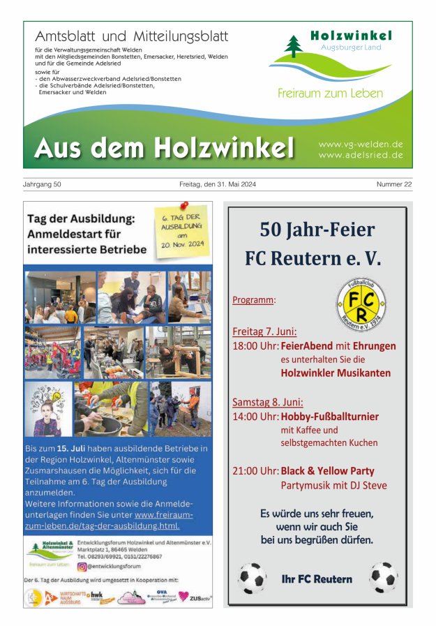 Titelblatt Aus dem Holzwinkel. Amtsblatt u. Mitteilungsblatt f. VG Welden u. Gem.Adelsried Ausgabe: 21/2024