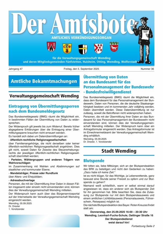 Titelblatt Der Amtsbote - Wemding Verwaltungsgemeinschaft