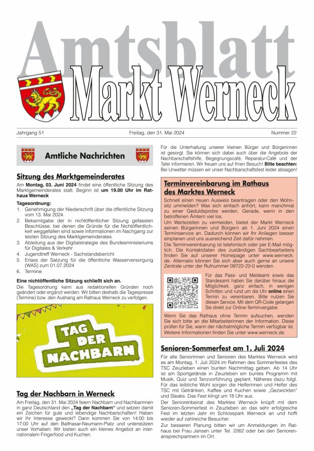 Titelblatt Amtsblatt Markt Werneck Ausgabe: 18/2024