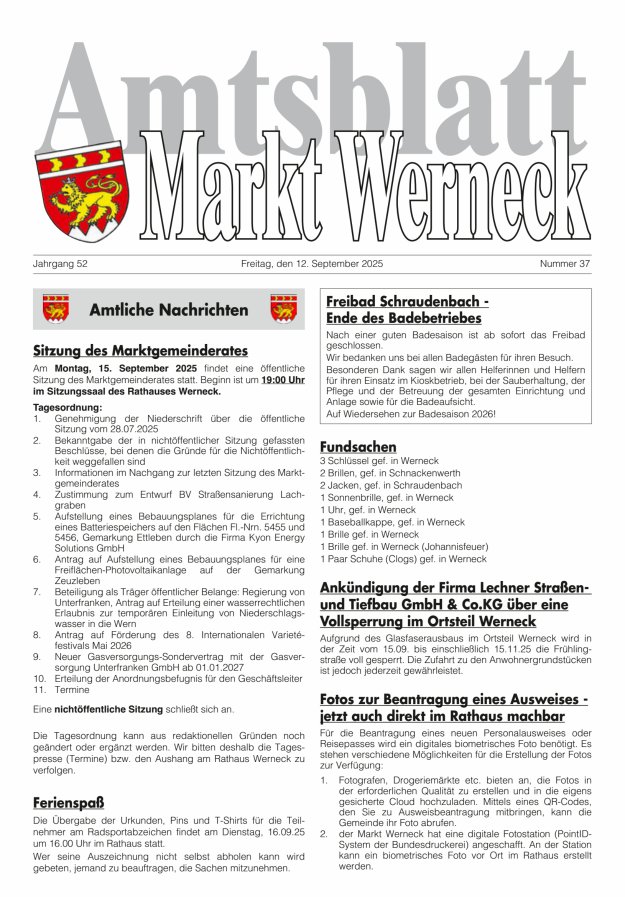 Titelblatt Amtsblatt Markt Werneck Ausgabe: 20/2024