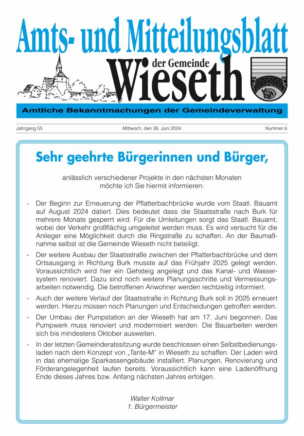 Titelblatt Amts- und Mitteilungsblatt der Gemeinde Wieseth Ausgabe: 05/2024