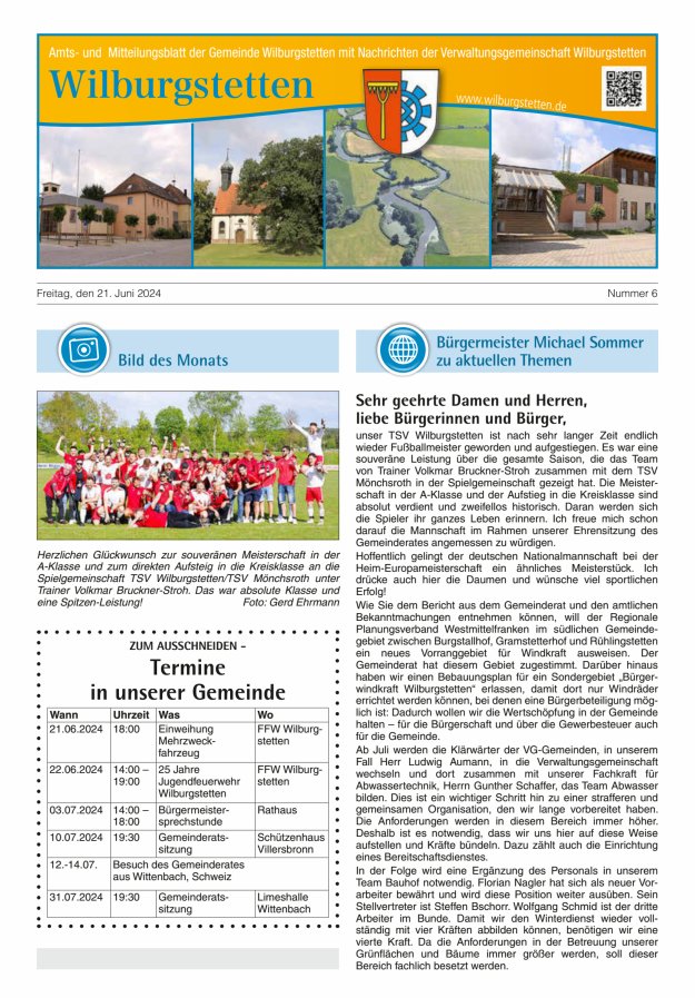 Titelblatt Mitteilungsblatt der Gemeinde Wilburgstetten Ausgabe: 05/2024