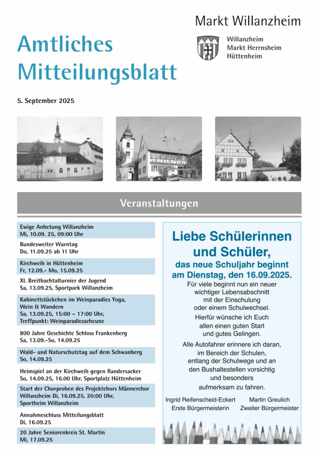 Titelblatt Amtliches Mitteilungsblatt des Marktes Willanzheim Ausgabe: 09/2024