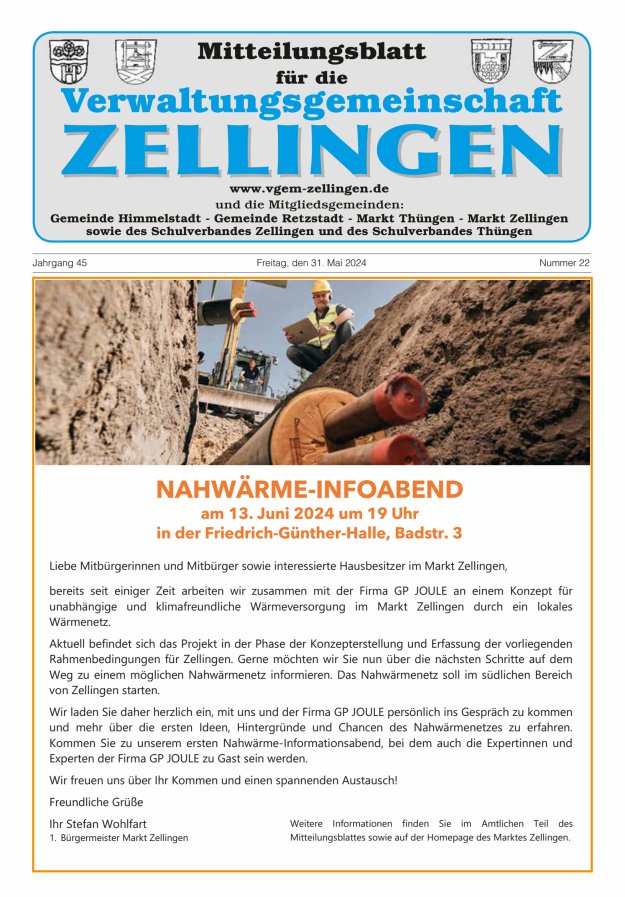 Titelblatt Mitteilungsblatt für die Verwaltungsgemeinschaft Zellingen Ausgabe: 18/2024