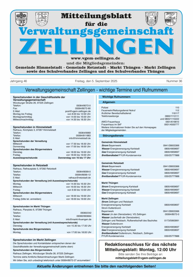 Titelblatt Mitteilungsblatt für die Verwaltungsgemeinschaft Zellingen Ausgabe: 18/2024