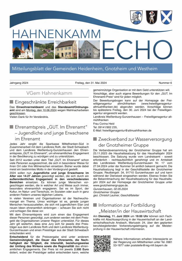 Titelblatt Hahnenkamm Echo  Mitteilungsblatt der Gemeinden Heidenheim Westheim Gnotzheim