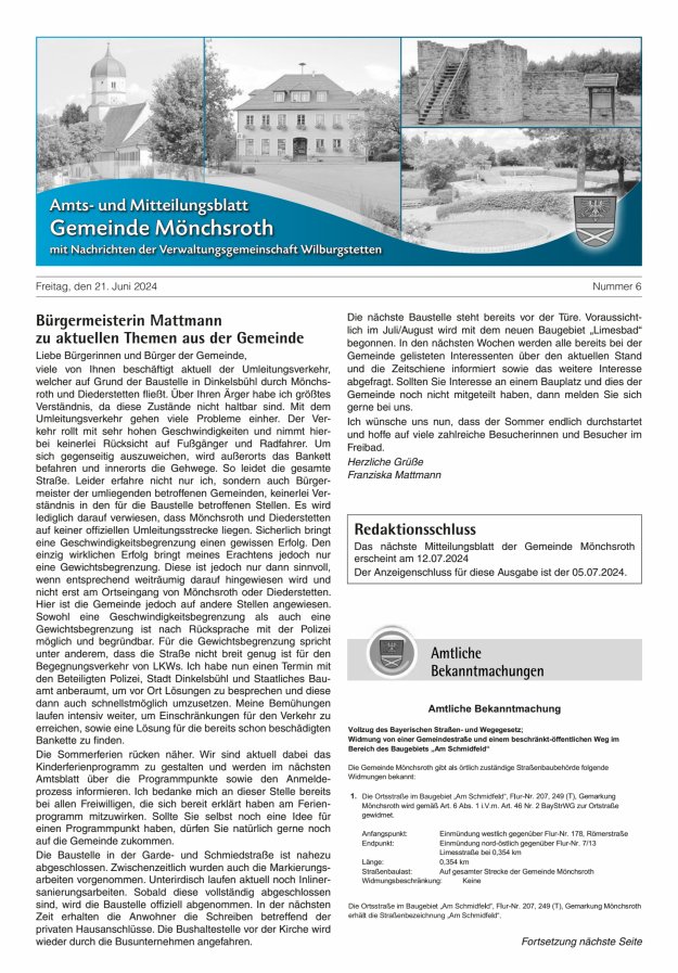 Titelblatt Amtliches Mitteilungsblatt Gemeinde Mönchsroth Ausgabe: 05/2024