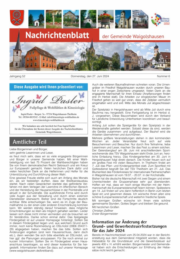 Titelblatt Nachrichtenblatt der Gemeinde Waigolshausen Ausgabe: 05/2024