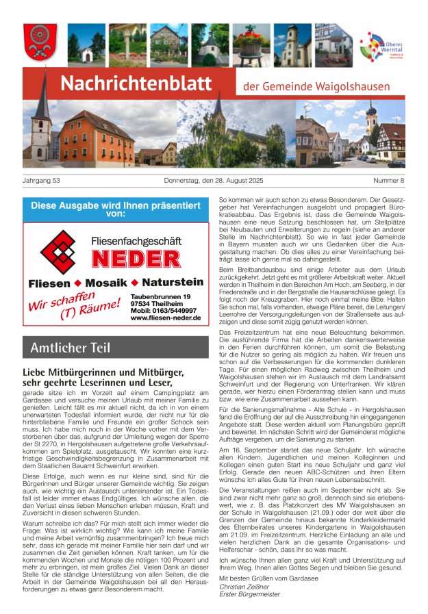 Titelblatt Nachrichtenblatt der Gemeinde Waigolshausen Ausgabe: 05/2024