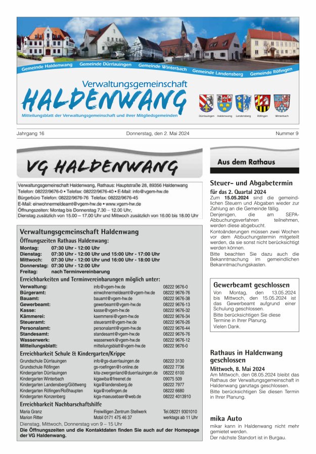 Titelblatt Mitteilungsblatt für die VG Haldenwang Ausgabe: 09/2024