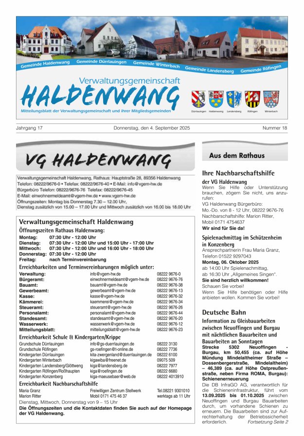 Titelblatt Mitteilungsblatt für die VG Haldenwang Ausgabe: 10/2024