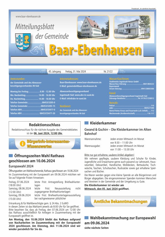 Titelblatt Mitteilungsblatt der Gemeinde Baar-Ebenhausen Ausgabe: 09/2024