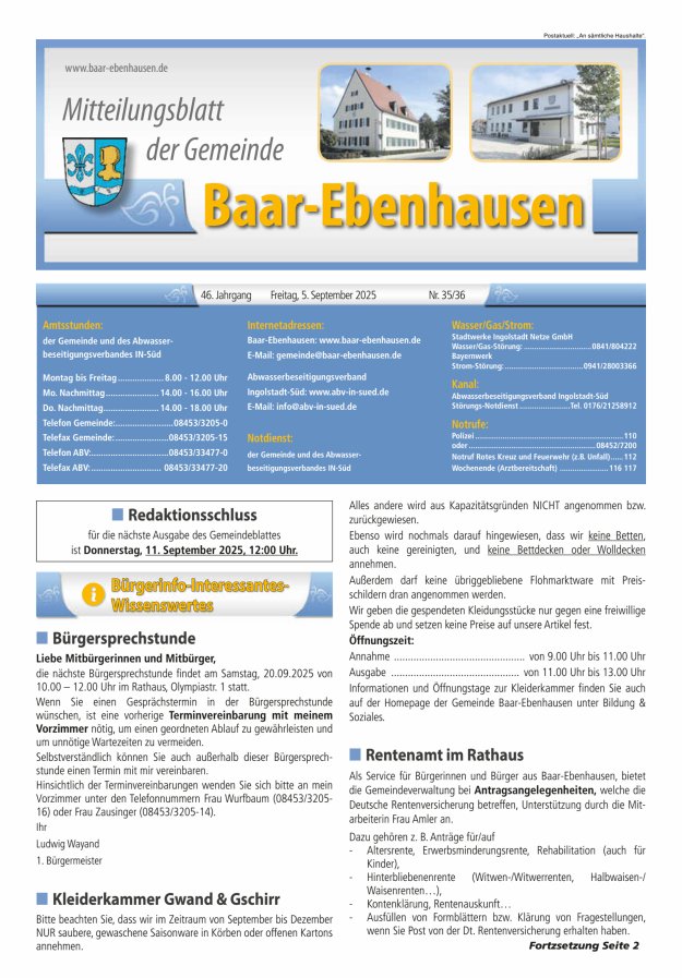 Titelblatt Mitteilungsblatt der Gemeinde Baar-Ebenhausen Ausgabe: 09/2024