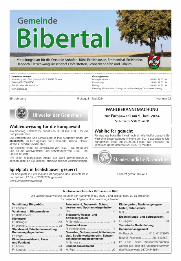 Titelblatt Gemeinde Bibertal Mitteilungsblatt Ausgabe: 20/2024