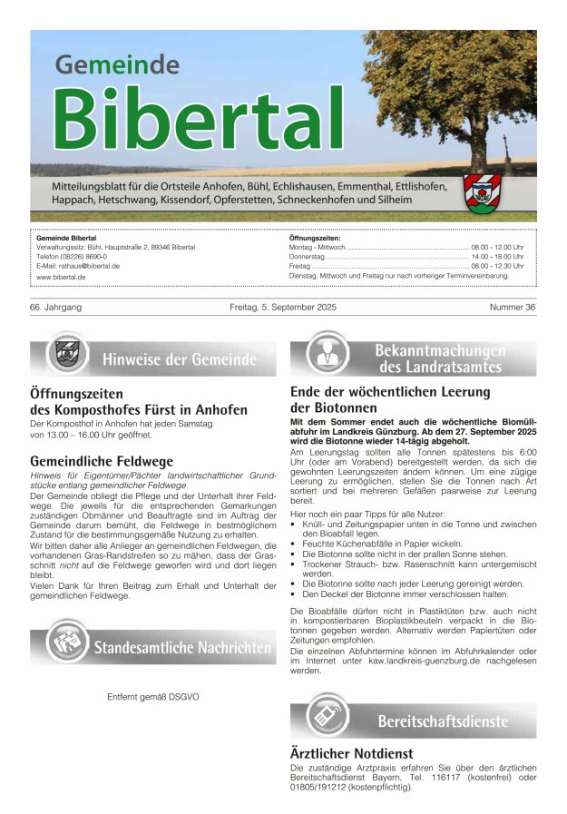 Titelblatt Gemeinde Bibertal Mitteilungsblatt Ausgabe: 20/2024