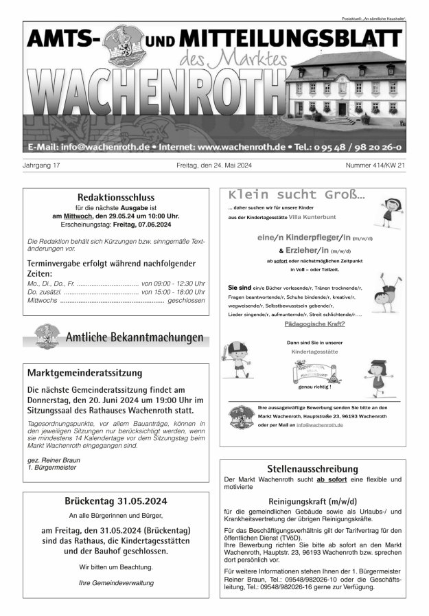 Titelblatt Amts- und Mitteilungsblatt des Marktes Wachenroth Ausgabe: 412/2024