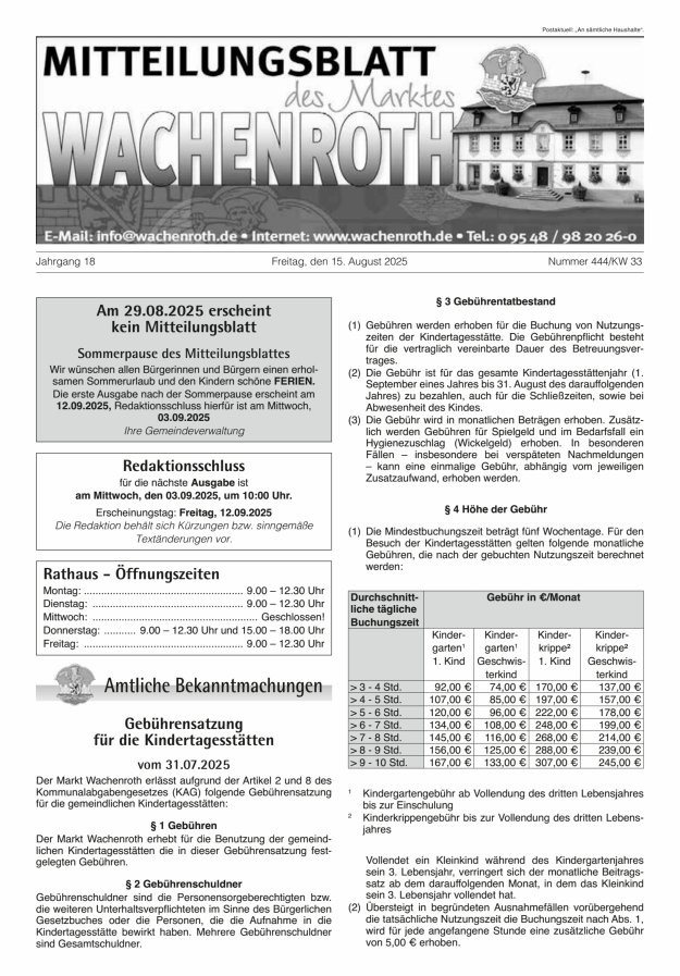 Titelblatt Amts- und Mitteilungsblatt des Marktes Wachenroth Ausgabe: 412/2024