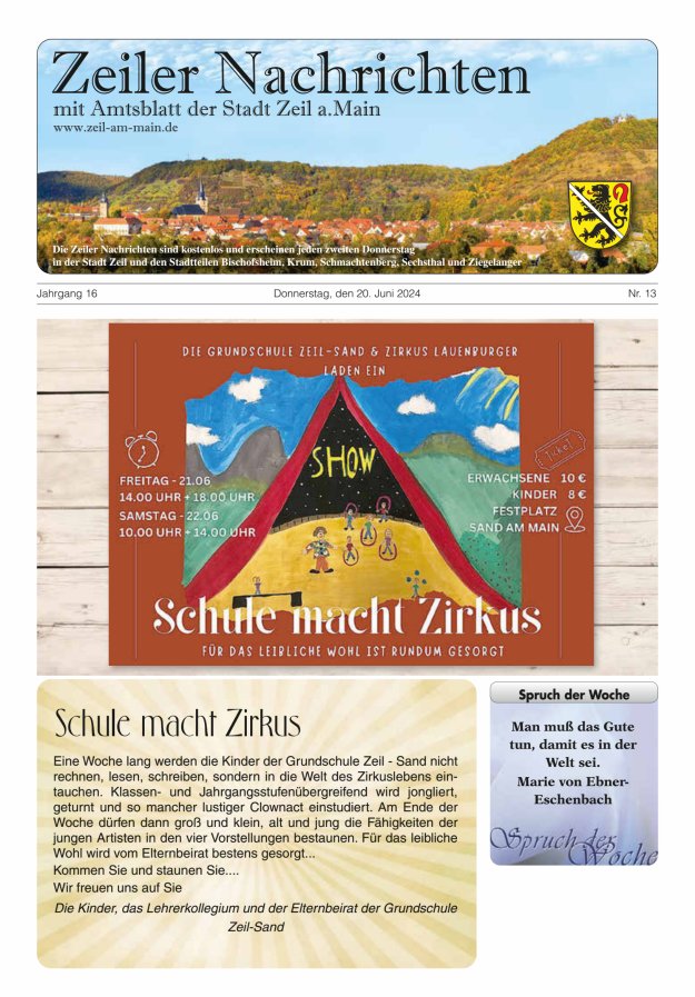 Titelblatt Zeiler Nachrichten. Amts- und Mitteilungsblatt der Stadt Zeil a. Main Ausgabe: 11/2024