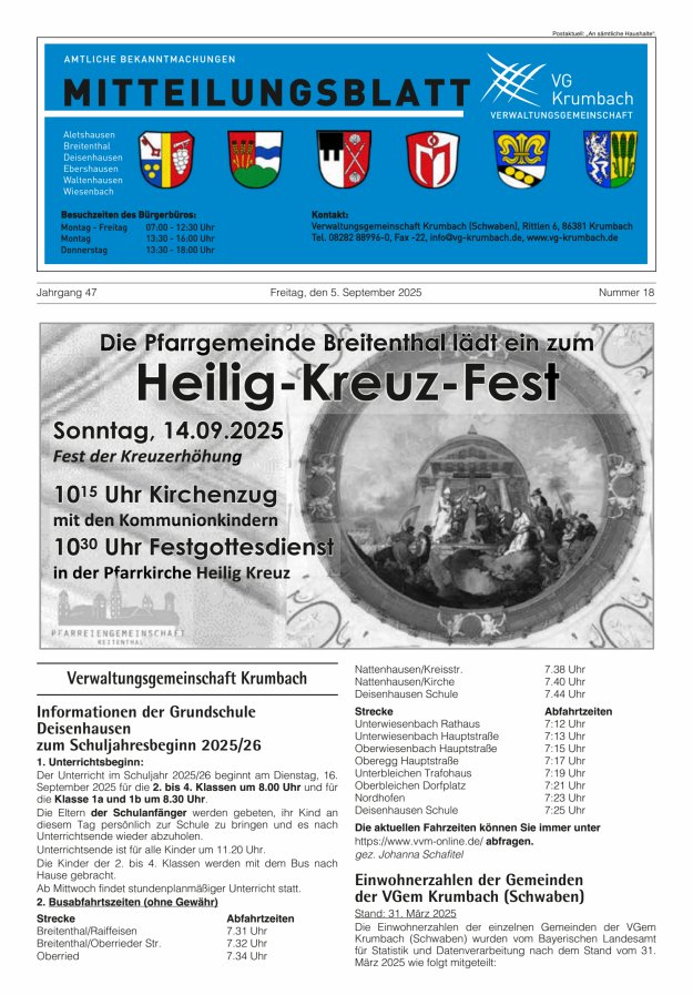 Titelblatt Mitteilungsblatt - amtl. Bekanntmachungsorgan der VG Krumbach Ausgabe: 09/2024