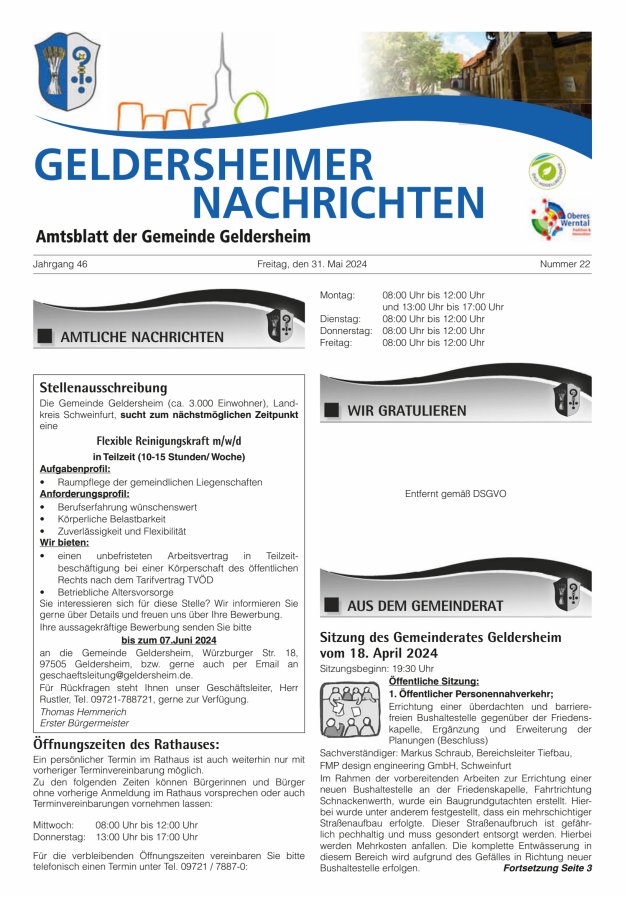 Titelblatt Geldersheimer Nachrichten. Amtsblatt der Gemeinde Geldersheim Ausgabe: 18/2024