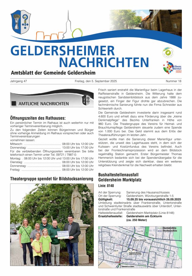 Titelblatt Geldersheimer Nachrichten. Amtsblatt der Gemeinde Geldersheim Ausgabe: 18/2024