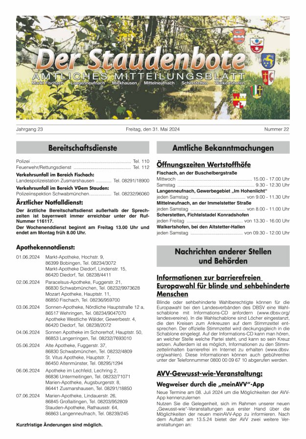 Titelblatt Staudenbote. Amtliches Mitteilungsblatt Ausgabe: 18/2024