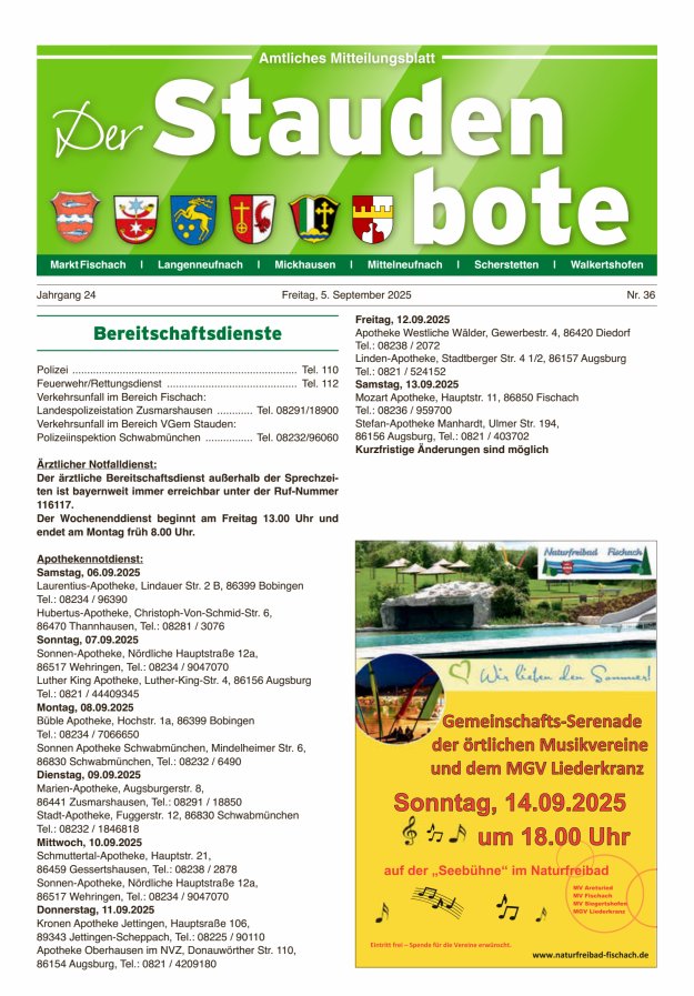 Titelblatt Staudenbote. Amtliches Mitteilungsblatt Ausgabe: 18/2024