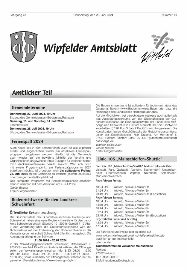 Titelblatt Wipfelder Amtsblatt Ausgabe: 11/2024