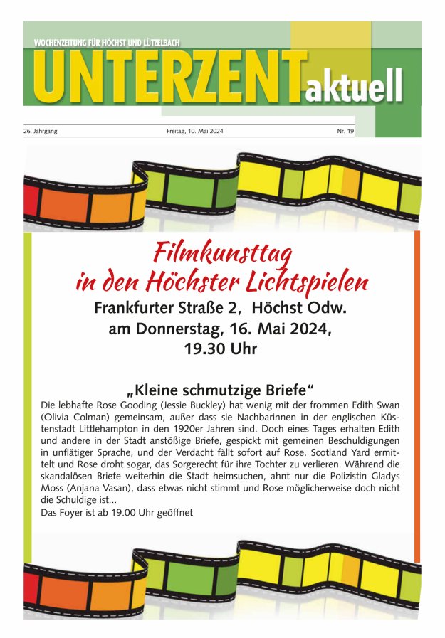 Titelblatt Unterzent aktuell. Wochenzeitung für Höchst und Lützelbach Ausgabe: 20/2024