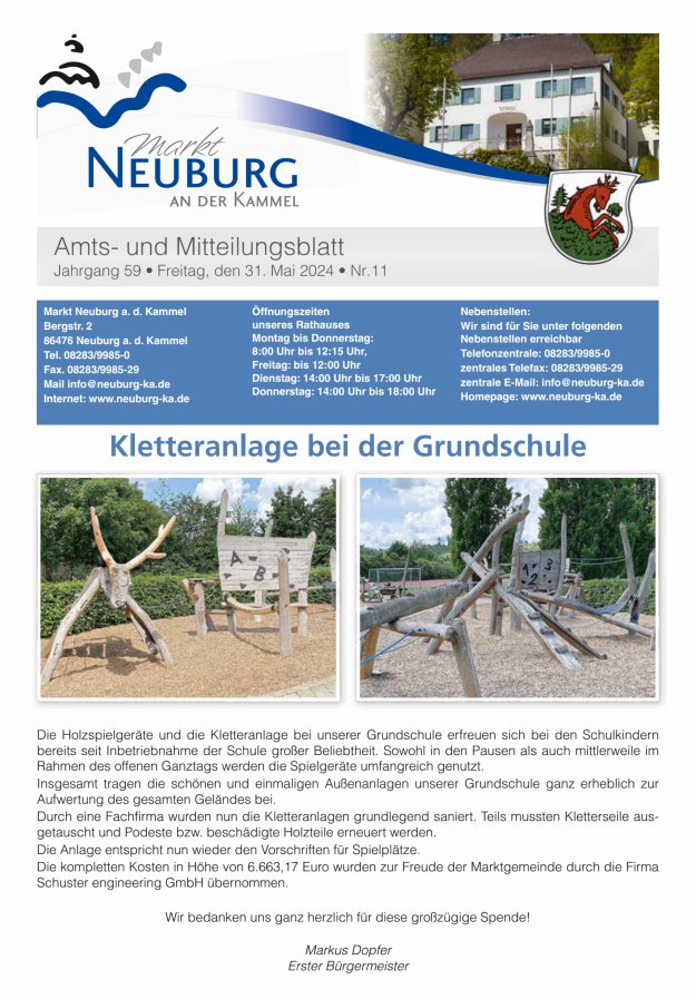 Titelblatt Amtsblatt Markt Neuburg a. d.  Kammel Ausgabe: 10/2024