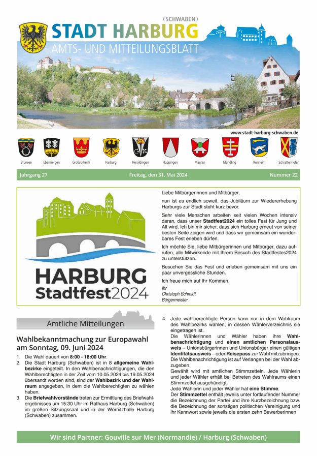 Titelblatt Amts- und Mitteilungsblatt der Stadt Harburg Ausgabe: 18/2024