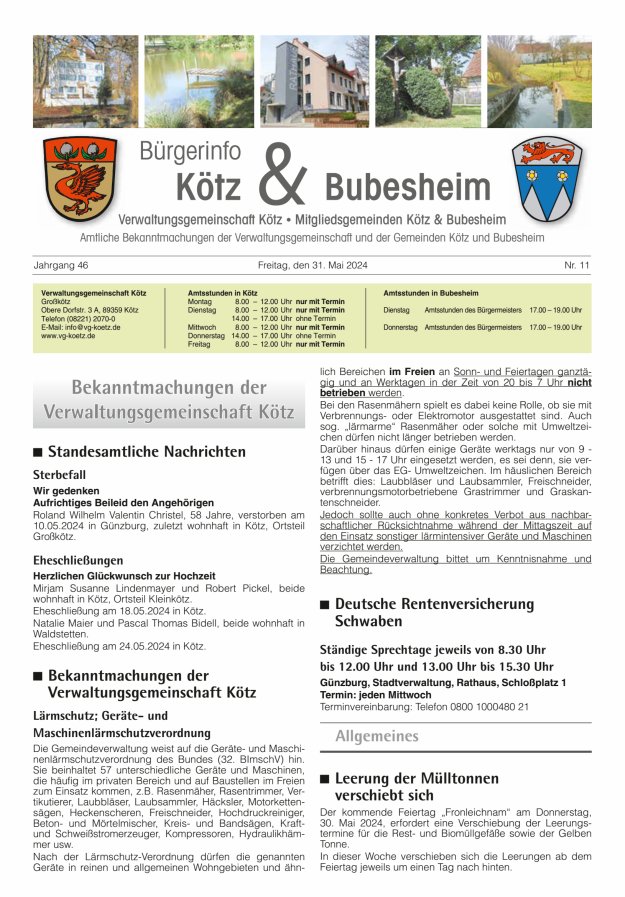 Titelblatt Amtsblatt der VG Kötz und der Mitgliedsgemeinden Ausgabe: 10/2024