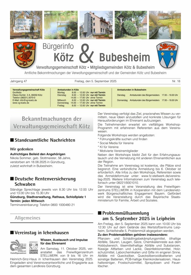 Titelblatt Amtsblatt der VG Kötz und der Mitgliedsgemeinden Ausgabe: 09/2024