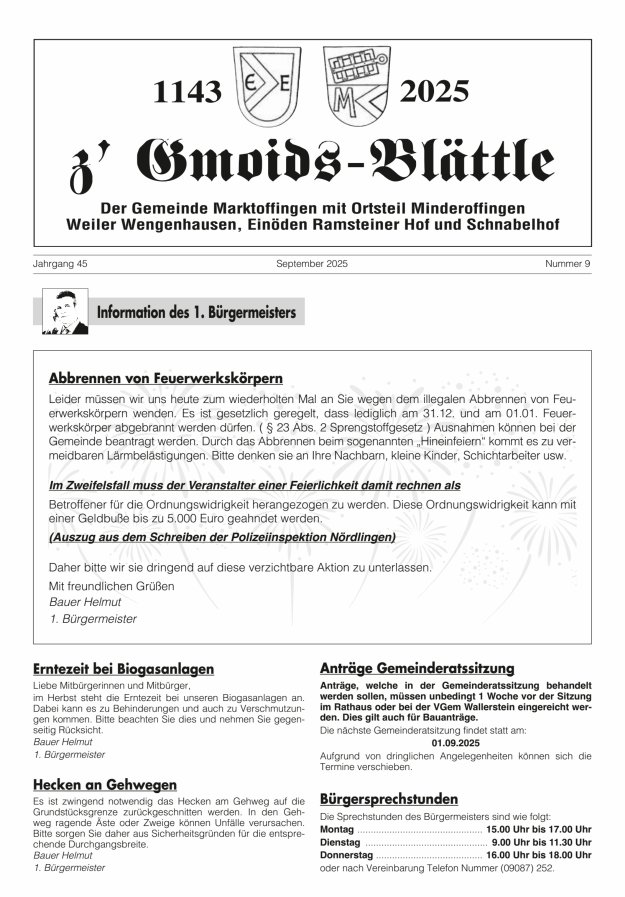 Titelblatt z'Gmoids-Blättle der Gemeinde Marktoffingen mit Ortsteilen