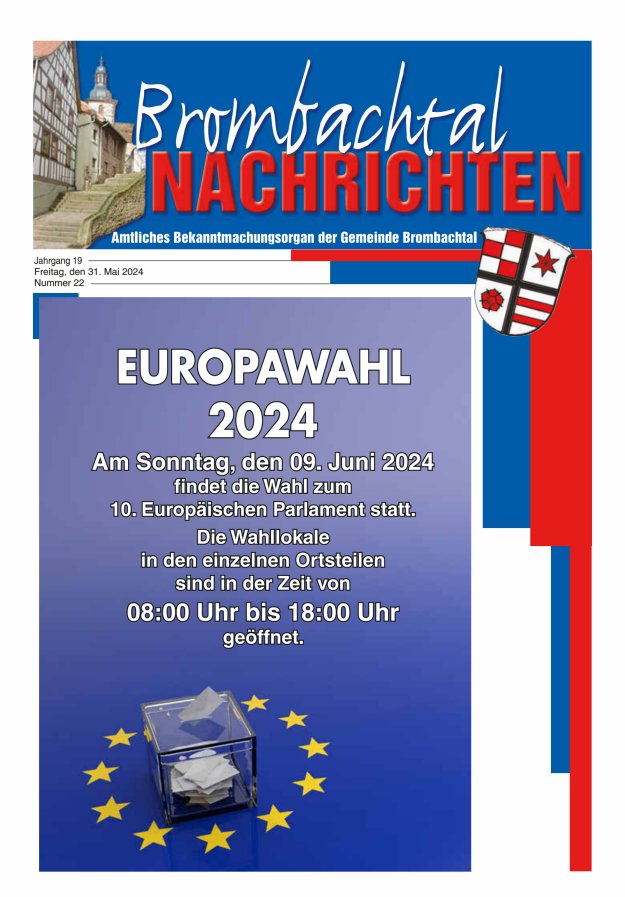 Titelblatt Brombachtal-Nachrichten. Amtsblatt der Gemeinde Brombachtal Ausgabe: 20/2024