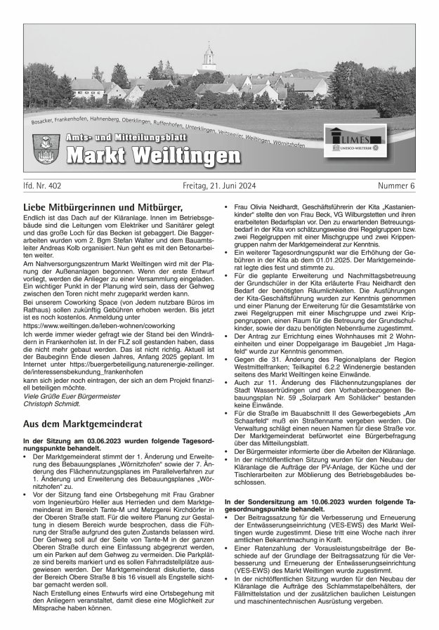 Titelblatt Mitteilungsblatt des Marktes Weiltingen LK Ansbach Ausgabe: 05/2024