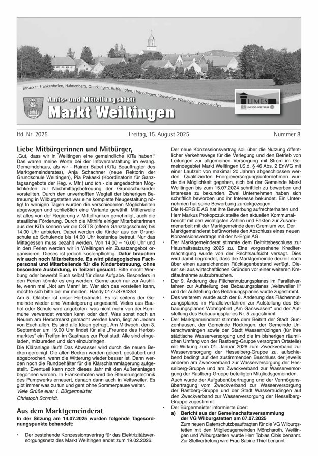 Titelblatt Mitteilungsblatt des Marktes Weiltingen LK Ansbach