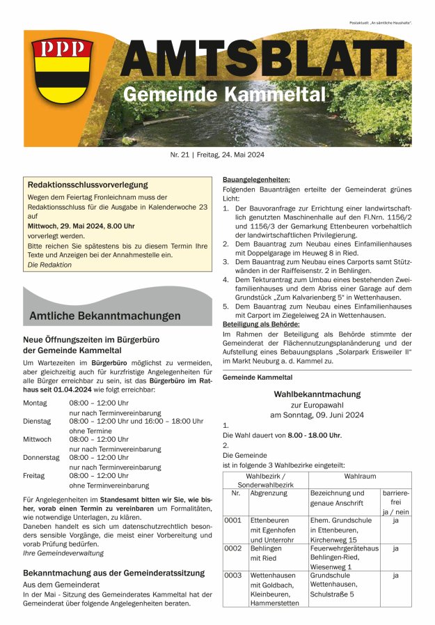 Titelblatt Amtsblatt Gemeinde Kammeltal Ausgabe: 18/2024