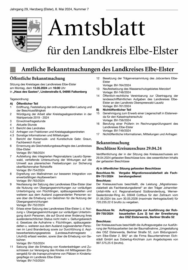 Titelblatt Amtsblatt für den Landkreis Elbe-Elster Ausgabe: 06/2024