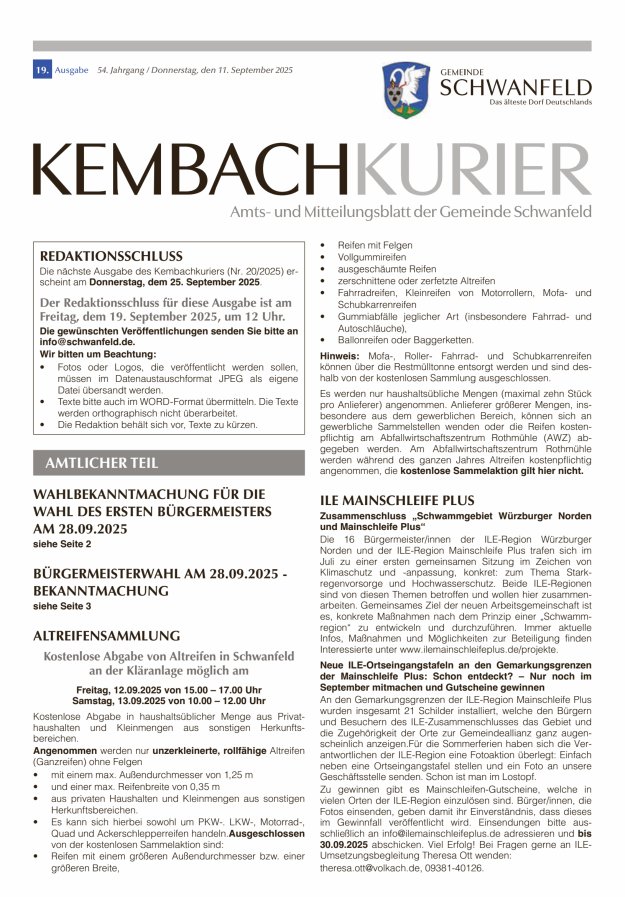 Titelblatt Kembachkurier - Amtsblatt der Gemeinde Schwanfeld Ausgabe: 11/2024