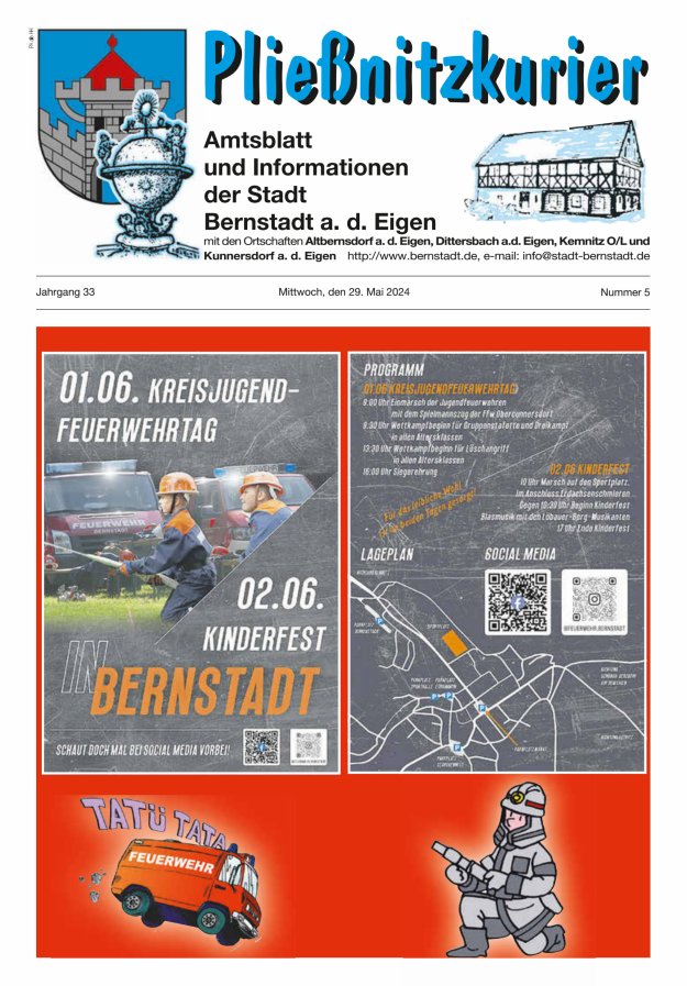Titelblatt Pließnitzkurier – Amtsblatt und Informationen der Stadt Bernstadt a. d. Eigen Ausgabe: 04/2024