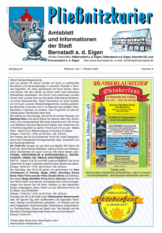 Titelblatt Pließnitzkurier – Amtsblatt und Informationen der Stadt Bernstadt a. d. Eigen