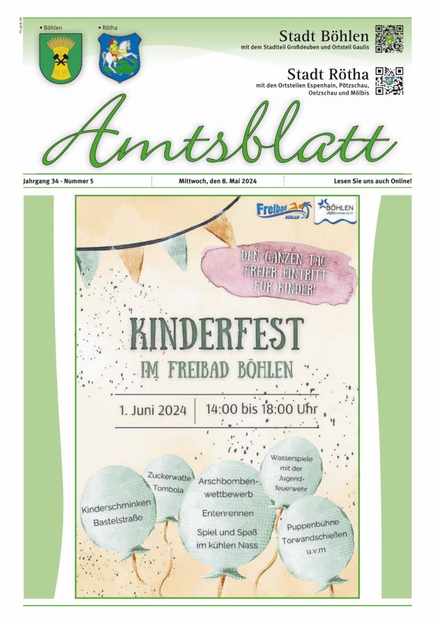 Titelblatt Amtsblatt der Stadt Böhlen Ausgabe: 05/2024
